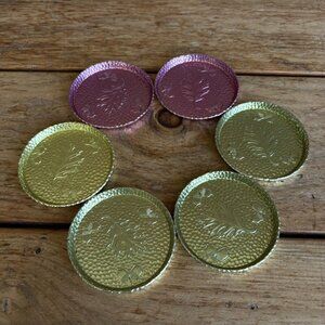 6 Vtg West Bend Color Glo Hammered Aluminum Coasters LEAVES ACORNS Retro Barware
